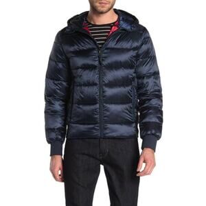 Slate & Stone Men's Hooded Down Bomber Jacket Long Sleeve Navy Blue Size S NWT